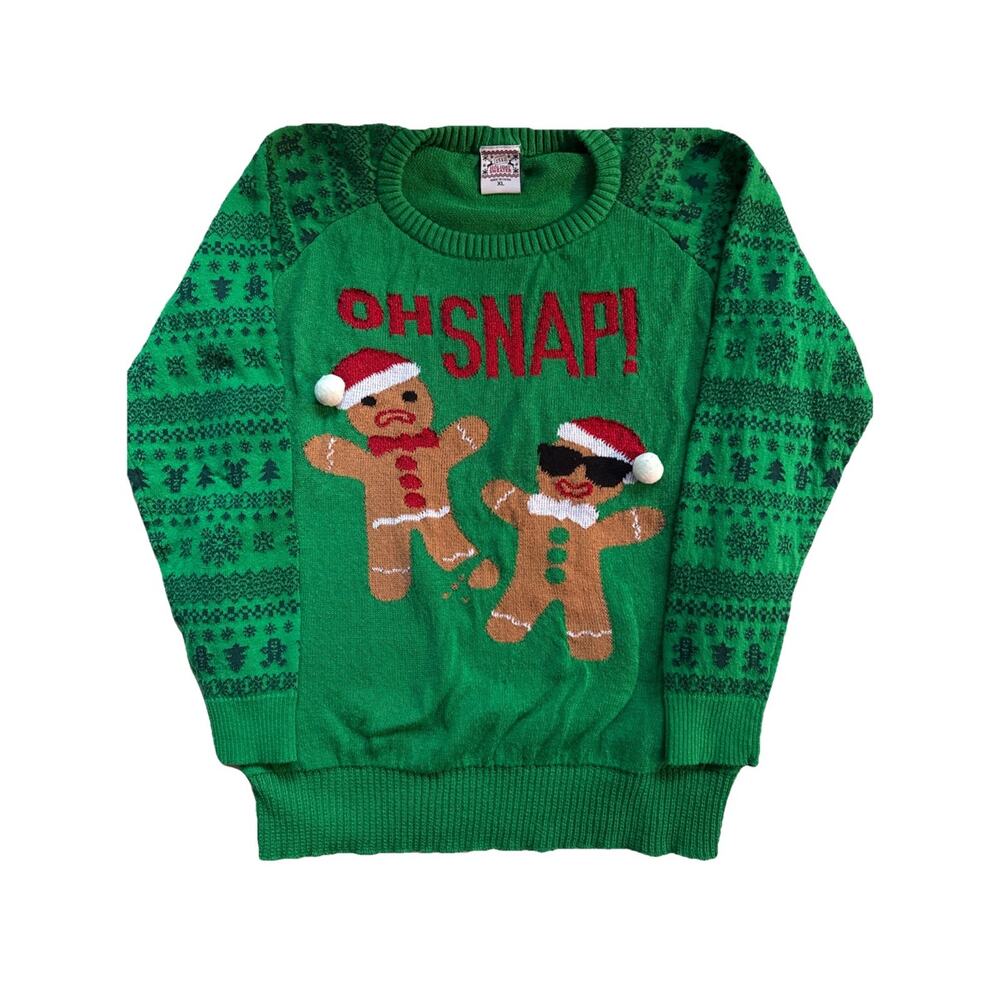 Ugly Green Christmas sweater oh snap gingerbread man funny sweater XL